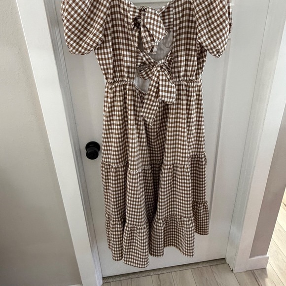 Arula 2X B Brown Gingham Square Neck Puff Sleeve Tiered Midi Dress Cottagecore - Picture 7 of 9